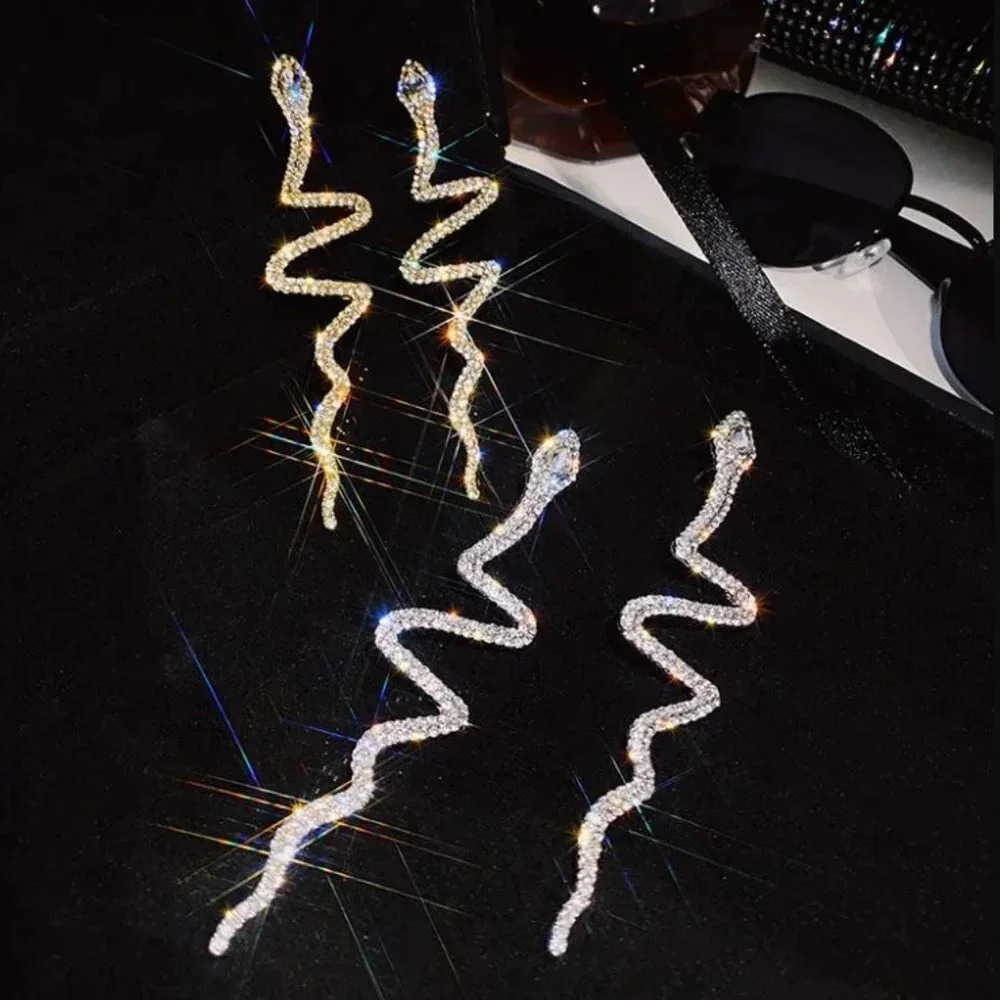 Diamond Snake Statement Earrings Snake Crystal Drop Stud Earrings Silver or Gold